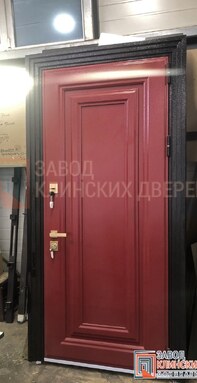 входная дверь цвета вишни с черным наличником и классической мдф панелью